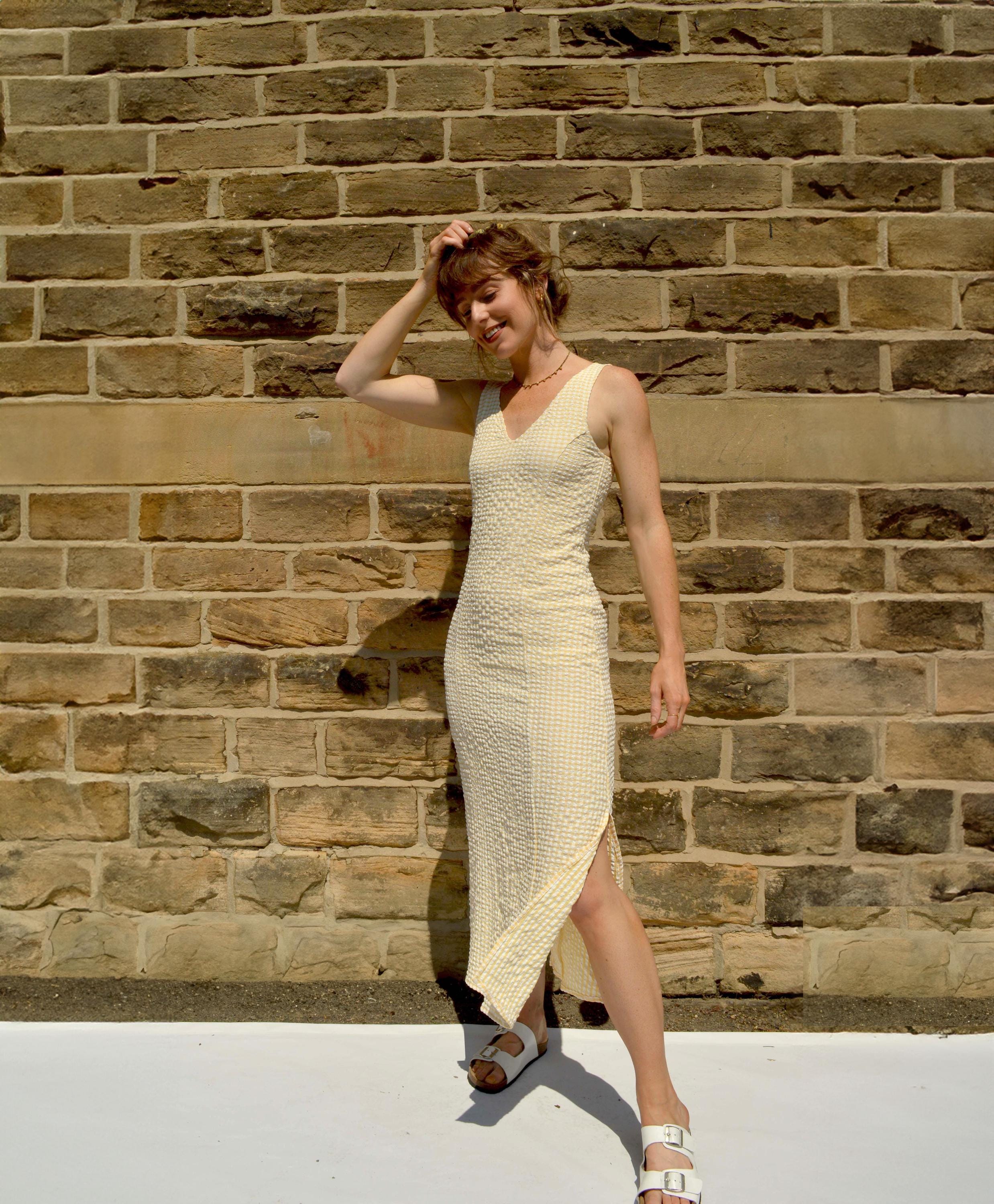 V Neck Gingham Dress French Maxi - Vintage Style - Buttercup