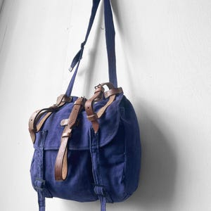 Vintage Shoulder Bag European 1970s Canvas Satchel - Cotton - Purple Blue