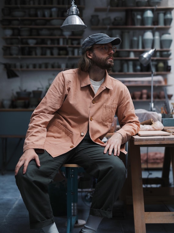 ジャケット・アウター mori / RE liner patch coat / pink Washed Herringbone Cotton Chore Jacket - Terracotta Peach Pink