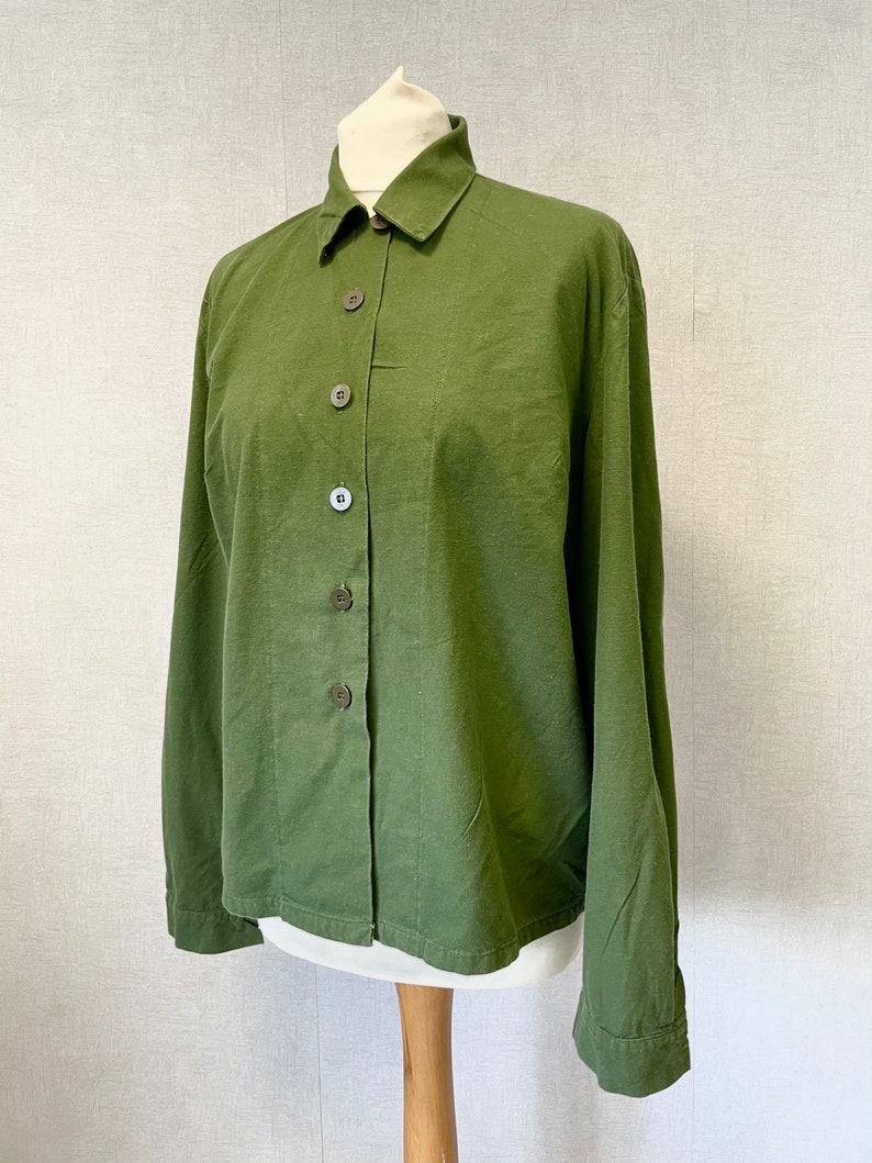 Vintage Swedish Smock Shirts 1980s Button Down Collared Blouse Soft Worn In Cotton Green image 5