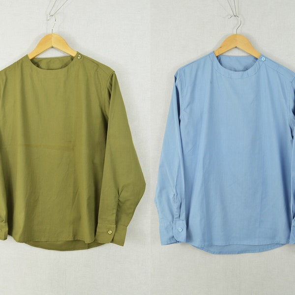 Vintage Smock Shirt 1970s Top Relaxed 100% Cotton Army Military-  Olive Green / Blue / Denim