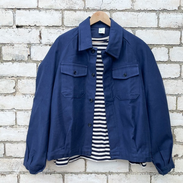 Vintage Italian Chore Jacket Moleskin Cotton - Workwear Coat - Navy Blue