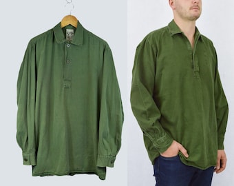 Vintage Henley Swedish Smock Shirts 1980s Button Down Grandad Collar - Soft Worn In Cotton - Green