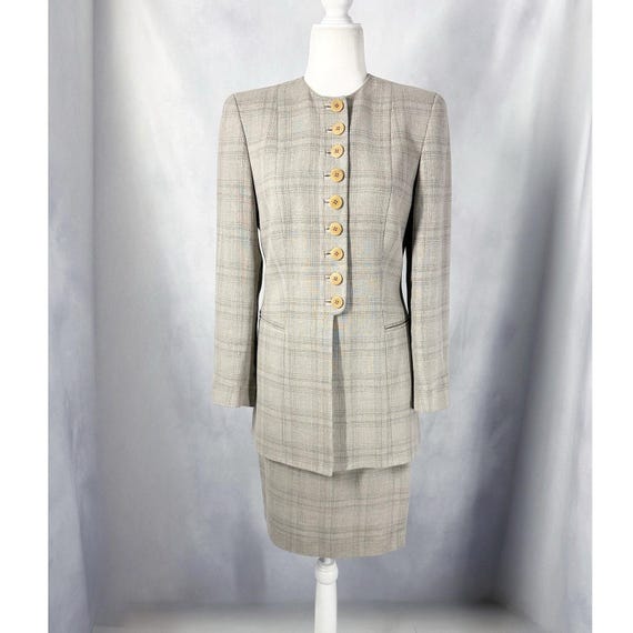 Giorgio Armani, Vintage Giorgio Armani Linen Long Line Gray Plaid Skirt Suit Women's Size 6