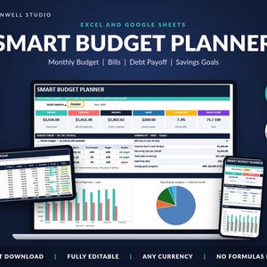 Può includere: Un pianificatore di budget intelligente digitale per Excel e Google Sheets visualizzato su un computer portatile, un tablet e uno smartphone. L'interfaccia presenta dashboard finanziarie, monitoraggio del budget e obiettivi di risparmio.