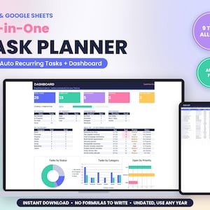 Può includere: Un modello digitale di pianificatore di attività per Excel e Google Sheets con una dashboard che mostra grafici colorati, tabelle di stato ed elenchi di attività. Include 9 schede, riempimento automatico e un layout senza data.