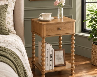 May include: A light brown wooden nightstand with a single drawer and a lower shelf. The nightstand features four turned spindle legs. On top sits a white teacup on a saucer and a glass vase with two flowers. Books and a picture frame are on the shelf.