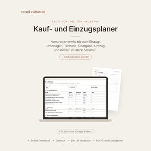 Purchase and move-in planner Excel template + 2 PDF checklists – purchase process, handover, move and moving-in costs