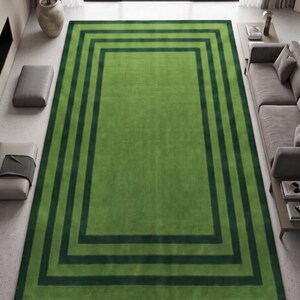 Green Geometric Border Rug, Modern Tufted Area Rug, Dark Green Striped Carpet, Minimalist Living Room Rug, Contemporary Bedroom Decor
