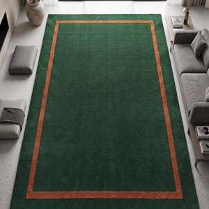 Dark Green Border Rug with Rust Orange Trim, Modern Minimalist Area Rug, Solid Green Tufted Carpet, Contemporary Living Room Bedroom Decor