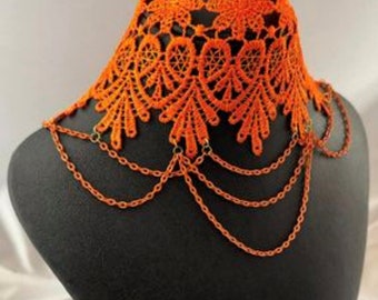 Gargantilla de princesa otoñal de estilo renacentista de inspiración victoriana con encaje naranja hecho a mano