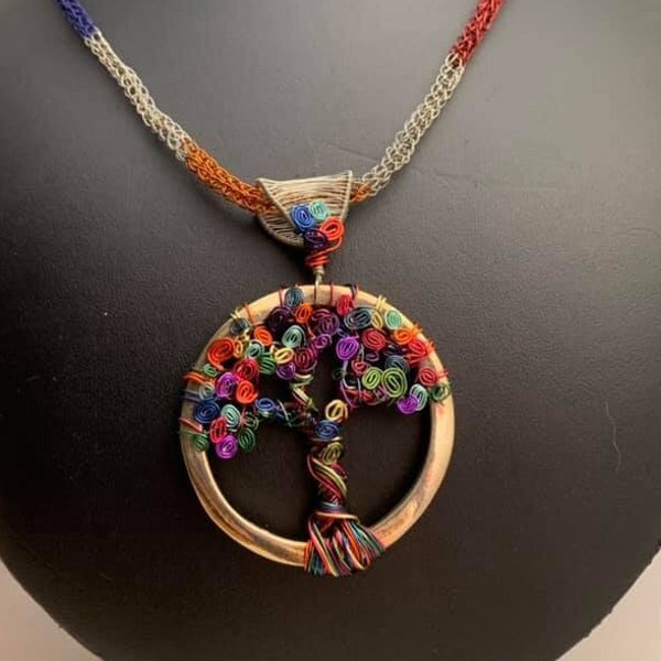 Handmade Wire Work Tree of Life Rainbow Eucalyptus Necklace Multi Colored Rainbow Tree on Viking Knit Chain