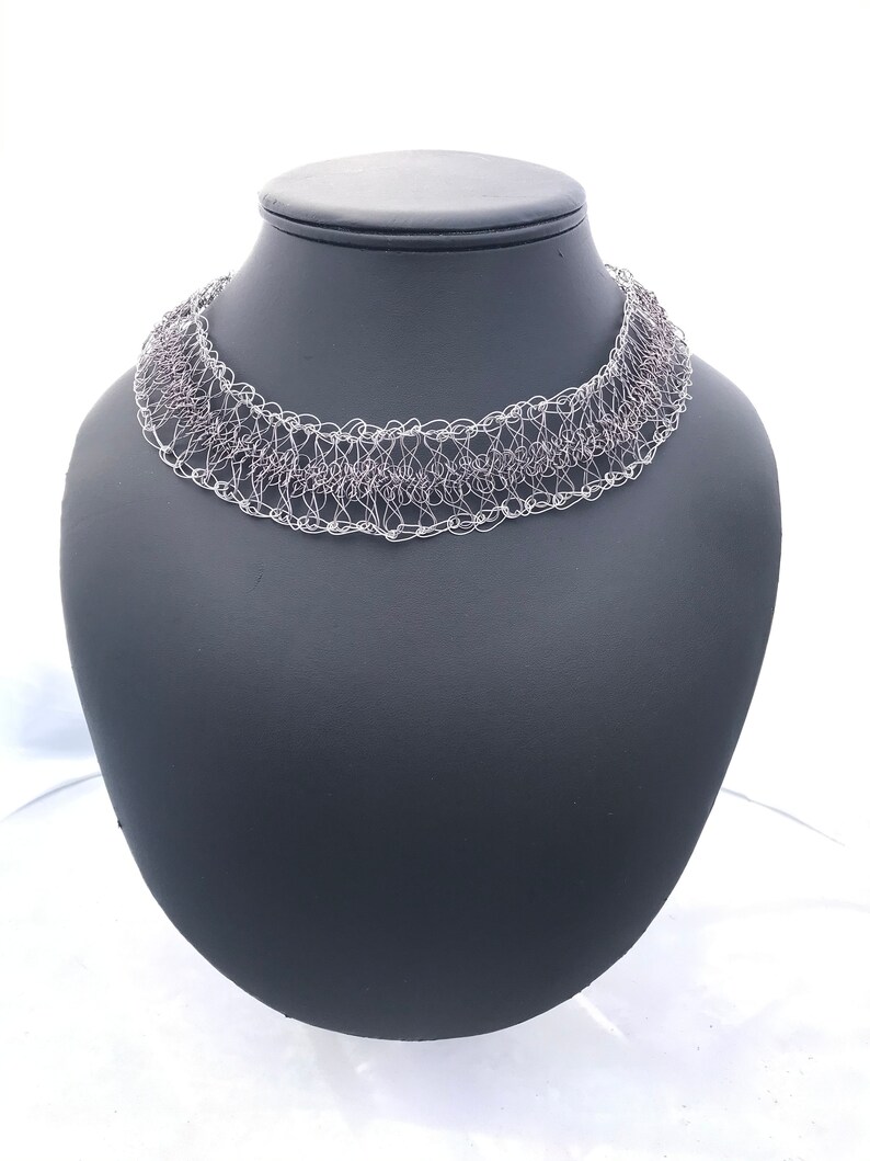 Gunmetal and White Wire Crochet Hairpin Lace Choker Necklace \u2014 Lady of the Lace