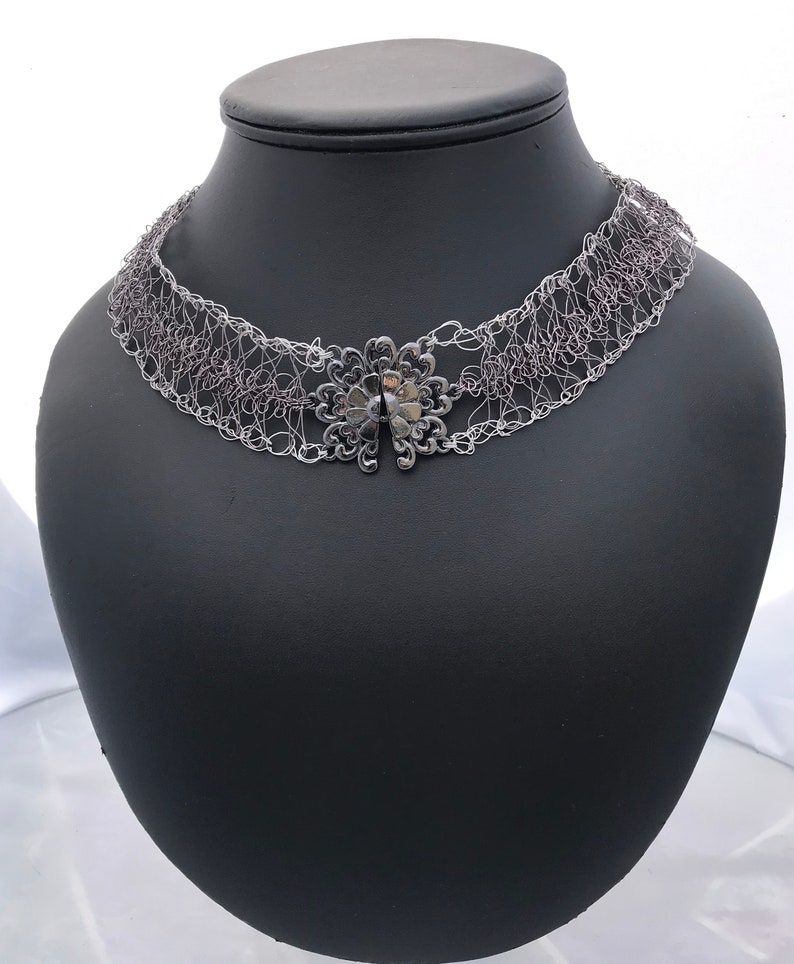 Gunmetal and White Wire Crochet Hairpin Lace Choker Necklace \u2014 Lady of the Lace