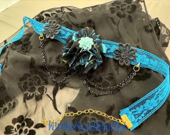 Handsewn Upcycled Lace Flower Choker: Turquoise & Black Chain