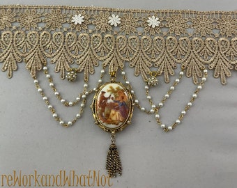 Vintage Belle Epoch Style Large Locket or Upcycled Earring Pendant Lace Choker Necklace Handmade Elegant Renaissance Victorian Choker