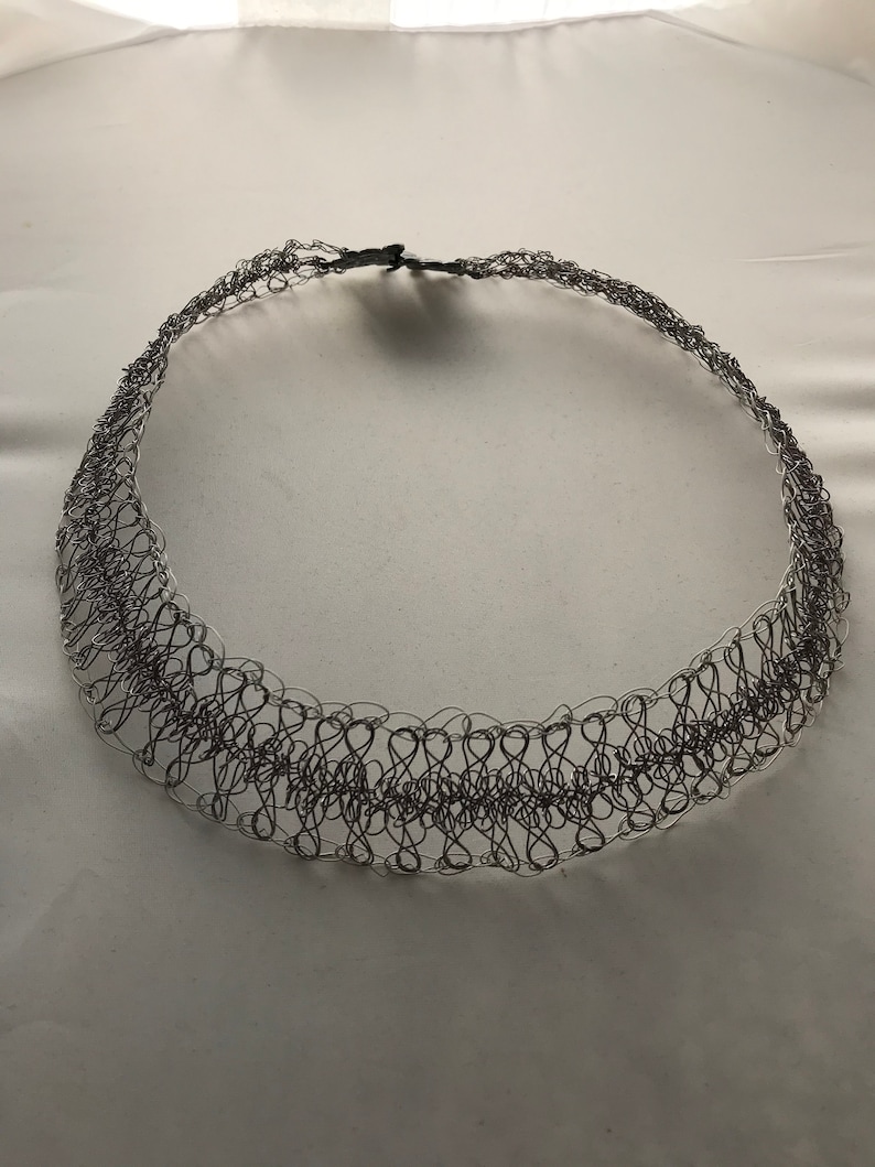 Gunmetal and White Wire Crochet Hairpin Lace Choker Necklace \u2014 Lady of the Lace