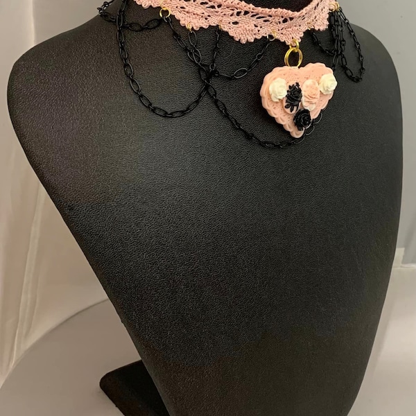 Handmade Cute Dainty Pink Lace Choker with Heart Pendant and Flower Cameos