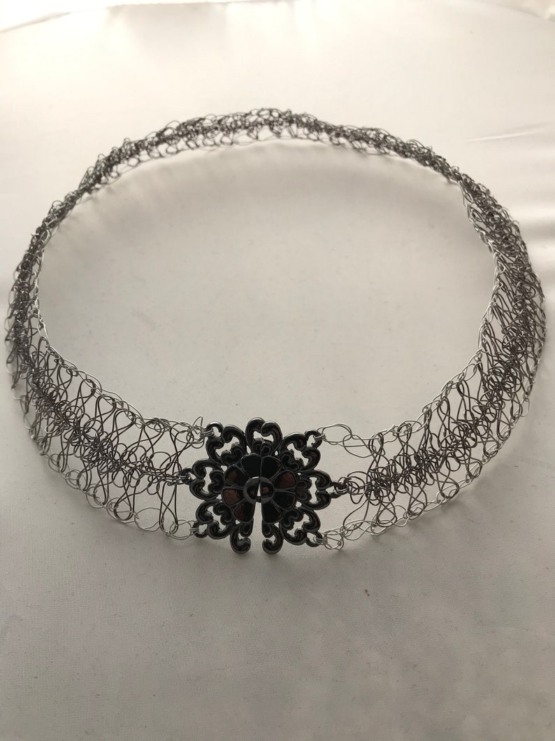 Gunmetal and White Wire Crochet Hairpin Lace Choker Necklace \u2014 Lady of the Lace