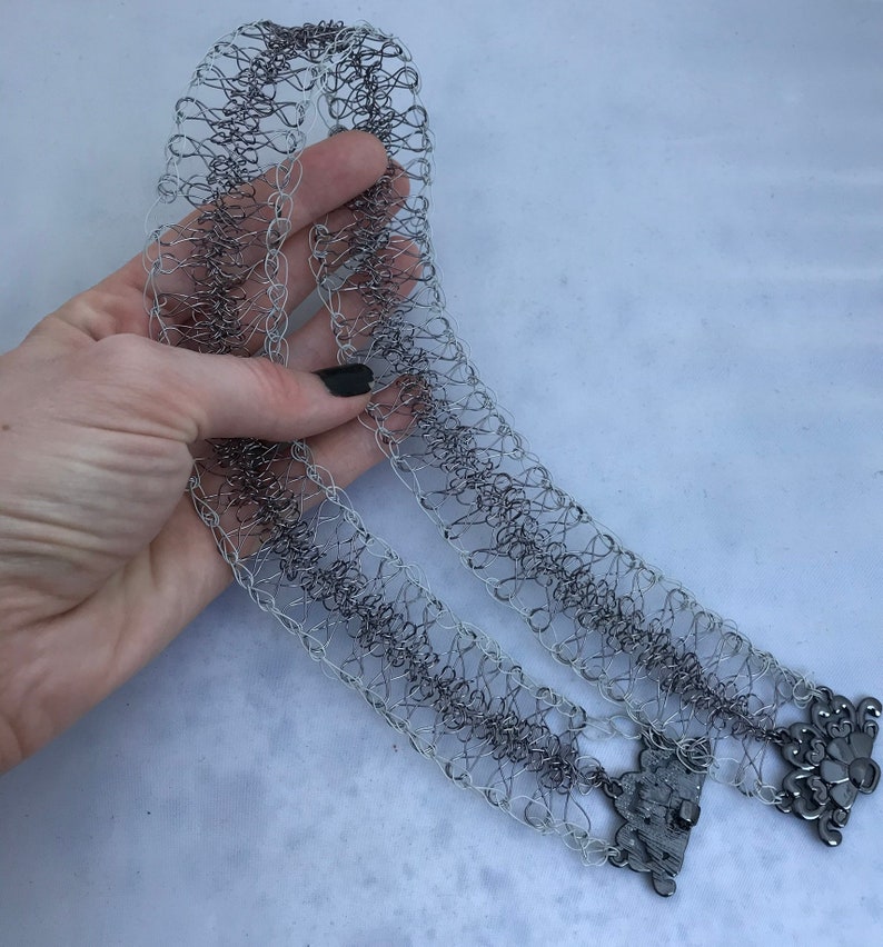 Gunmetal and White Wire Crochet Hairpin Lace Choker Necklace \u2014 Lady of the Lace