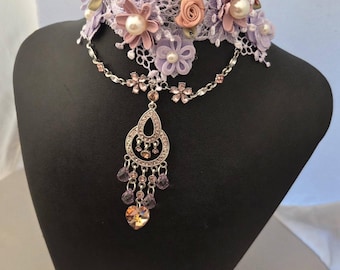 Lilac Lace Choker: Victorian Rhinestone & Pastel Flower Necklace Two Options