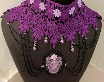 Gargantilla de encaje victoriana: camafeo lila, cadena morada, collar con base de estilo cottagecore