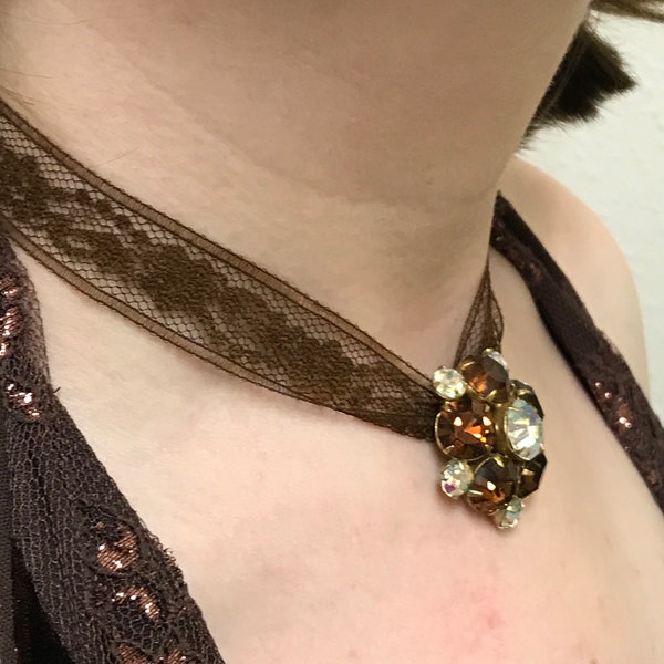 Renaissance Fair Wear -- Brown Lace Choker Necklace With Brown and Crystal Vintage Button