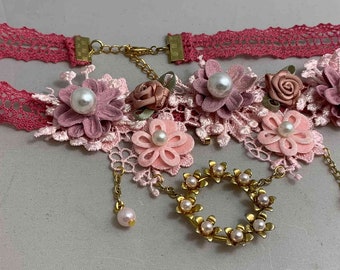 Handmade Lace Princess Choker with Pastel Flowers and Vintage Flower Daisy Pendant Wedding White or Pink Lace