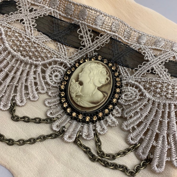 Victorian Edwardian Inspired Renaissance Grey Lace Choker Necklace with Crystal Framed Lady Cameo Handmade Gift