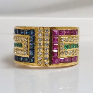 Gold Multi Gemstone Mens Ring Sapphire Ruby Emerald Ring Wide Band Statement Ring Unique Mens Jewelry Birthday Gift for Him Luxury Ring