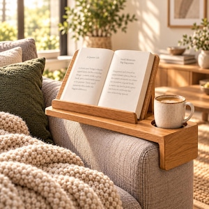 Könnte beinhalten: Eine hellbraune Sofa-Armlehnenablage mit integriertem Buchständer und einer runden Aussparung für eine gesprenkelte Keramiktasse. Die Ablage liegt auf der Armlehne eines grauen Sofas und hält ein aufgeschlagenes Buch mit sichtbarem Text.