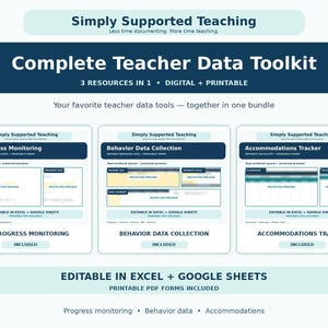 Pacchetto per la raccolta dati sull'educazione speciale / Monitoraggio dei progressi del PEI / Strumento di tracciamento del comportamento / Adattamenti / Kit di strumenti stampabili in Excel