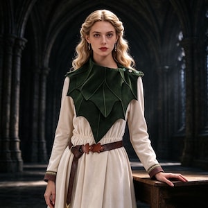 May include: A long-sleeved cream-colored dress featuring a dark green, leaf-shaped layered collar and a brown leather belt with leaf-shaped accents. The dress has brown cuffs with gold-toned trim and is worn with small drop earrings.