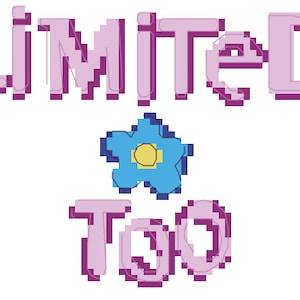 Può includere: Una grafica pixelata rosa e viola con il testo "LIMITED TOO" e un fiore blu con un centro giallo.