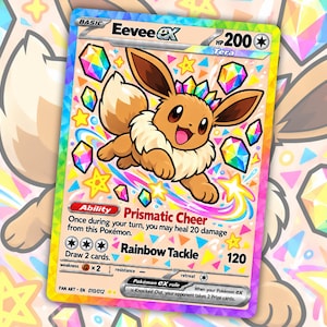 May include: A collectible Eevee ex trading card featuring a brown Eevee with a prismatic crystal crown. The card displays the text Eevee ex, HP 200, Ability Prismatic Cheer, and Rainbow Tackle 120, surrounded by colorful crystal and star graphics.