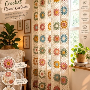 May include: A crochet curtain panel made of off-white yarn squares, each featuring a colorful flower motif in shades of pink, yellow, and blue. The curtain hangs from a wooden rod and displays intricate stitching and a textured, airy design.