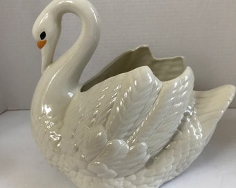 Ceramic Hand Painted 1970s Holland Mold Co Signed  IDA Vintage Iridescent Pearl White Swan Planter with Gold Trim Red Jewel Eyes