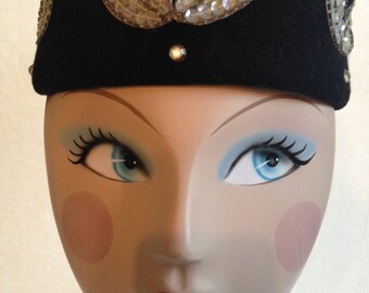 Vintage 60's Henry Pollack Glenover Black Wool & Embellished Rhinestone Pillbox Hat