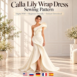 May include: Calla Lily Wrap Dress Sewing Pattern Digital PDF Beginner Friendly Instant Download. A floor-length, off-white, one-shoulder wrap dress with a large, structured ruffle detail at the shoulder and a high-low hemline.
