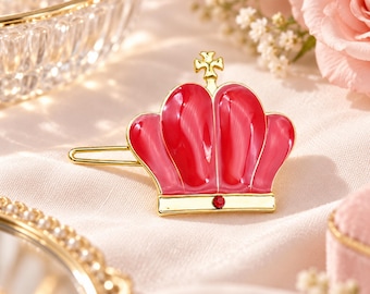 Red Crown Hair Clip, Gold Tone Royal Tiara Barrette, Pink Enamel Crown Hair Accessory, Elegant Princess Hairpin, Unique Gift for Her