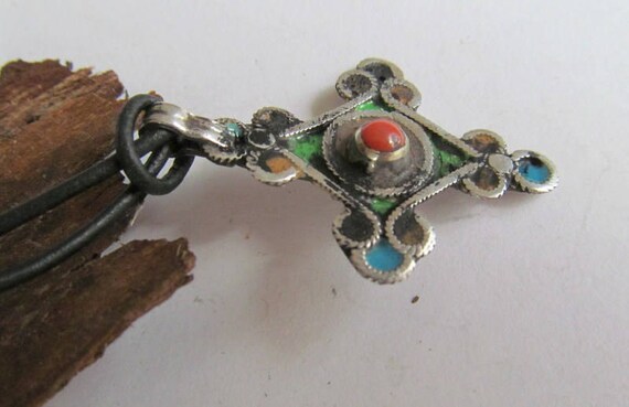 Sterling silver cross with real coral Morocco sol… - image 3