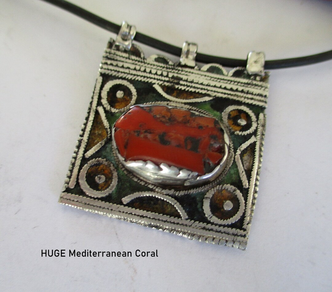 Antique Sterling Silver Enamel Amazigh Pendant Coral Coral Etsy