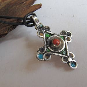 Sterling silver cross with real coral Morocco solid silver Kabylei Amazigh Algeria original enamel Tuareg Berber Atlas