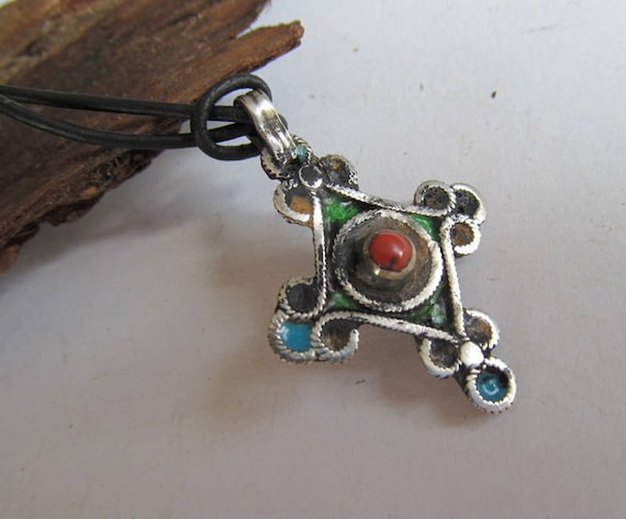 Sterling silver cross with real coral Morocco sol… - image 1