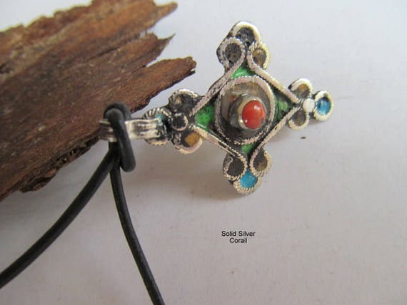 Sterling silver cross with real coral Morocco sol… - image 5