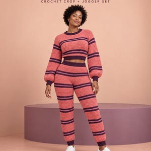 May include: A two-piece crochet set featuring a long-sleeved crop top and matching joggers. The garments are coral and dark purple with horizontal stripes, a crew neckline, and ribbed cuffs. Text reads: STITCHLUMA CORAL CURRENT CROCHET CROP + JOGGER SET.