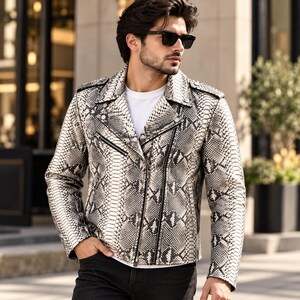 Men’s Snakeskin Leather Biker  Black White Python Print Motorcycle Jacket, Asymmetrical Zip Moto Jacket,