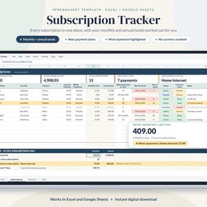 May include: A digital subscription tracker spreadsheet template for Excel and Google Sheets. The interface displays columns for subscription names, providers, categories, costs, and payment dates, with a summary box highlighting total monthly spend.