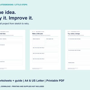 Puede incluir: Tres hojas de trabajo imprimibles blancas con texto en negro tituladas My small idea, Make a little plan y Try, notice, change. El encabezado dice Jemplatesdesigns / Little Steps, One idea. Try it. Improve it. A small project from sketch to retry.