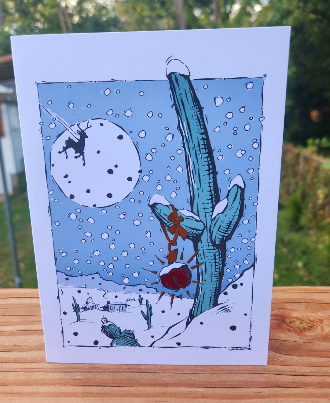 8pk Arizona Cactus Christmas Cards, Desert New Mexico Saguaro, Woodcut